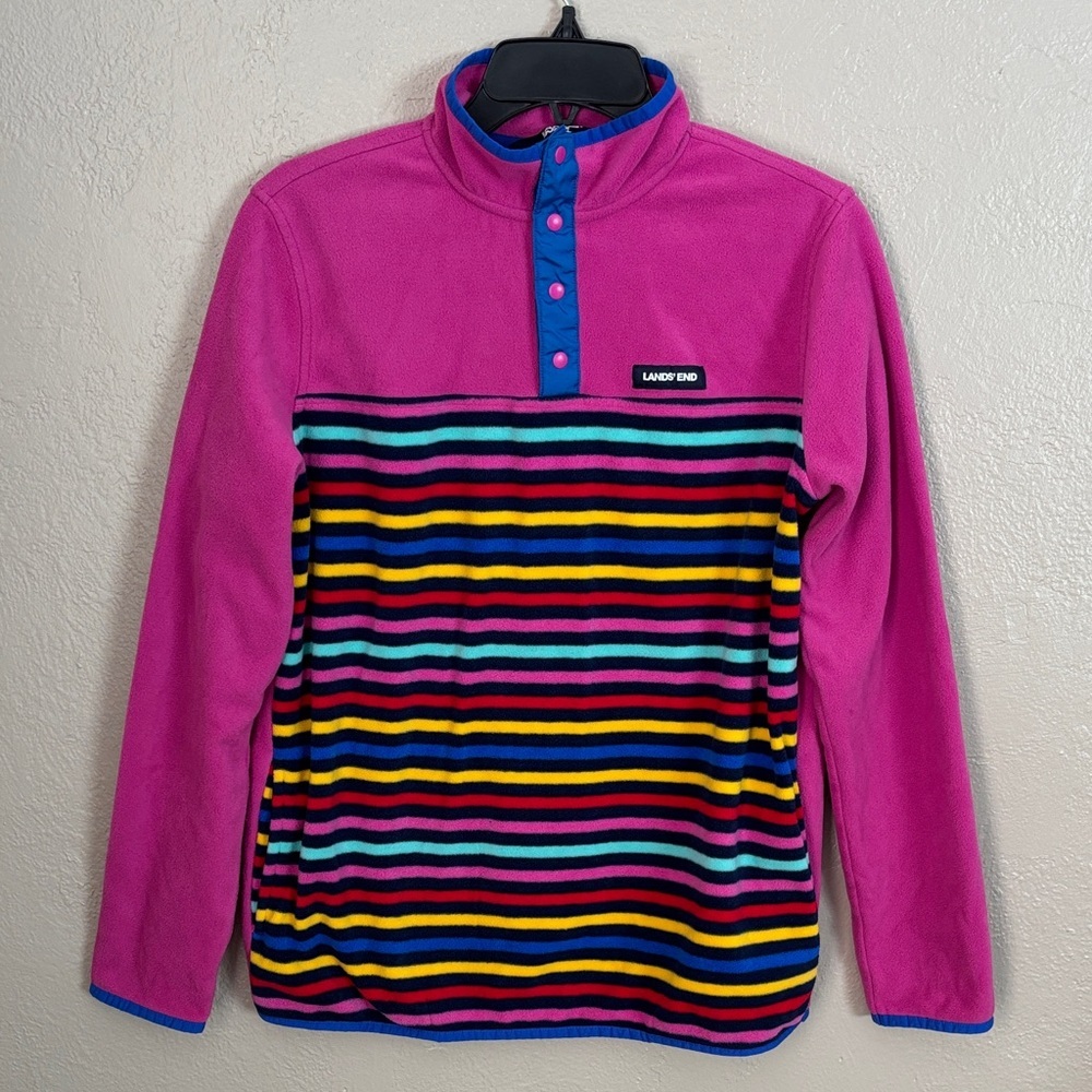 Lands End Girls Snap Fleece Pullover Pink Colorful Striped XXL 18-20